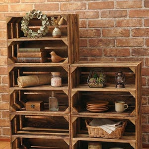 Cassette per frutta fiammate con ripiano intermedio lungo 40x30x25 cm – Nuovo ripiano in legno, scarpiera, contenitore Toniebox, cassa decorativa in legno vintage, 1-6 unità