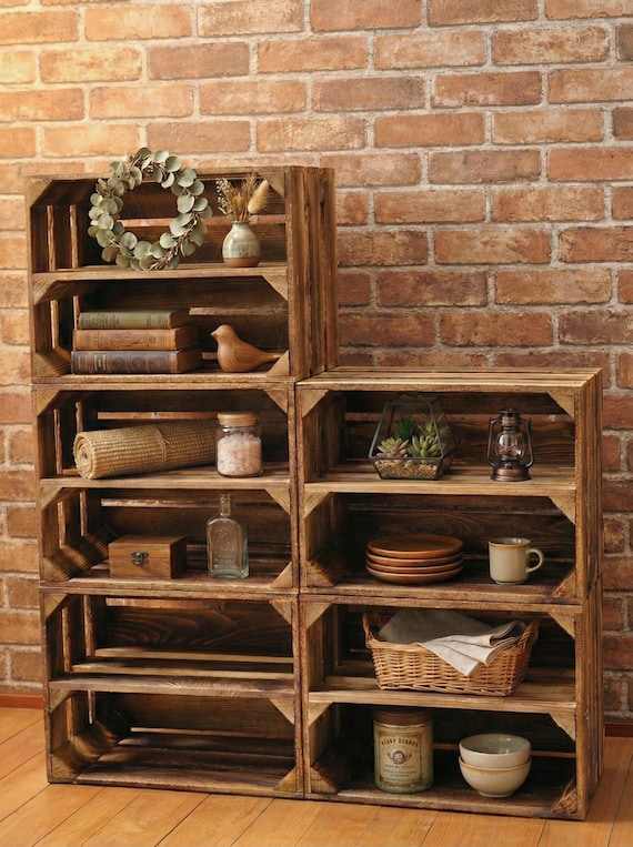 Geflammte Obstkisten mit langem Zwischenboden 40x30x25cm – Neues Holz Regal Schuhregal Toniebox Aufbewahrung Vintage Deko Holzkiste 1-6er
