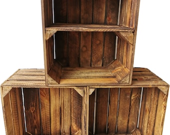 Fruit boxes wooden boxes Set of 3 Vintage Flamed 50 x 40 x 30 cm with shelf