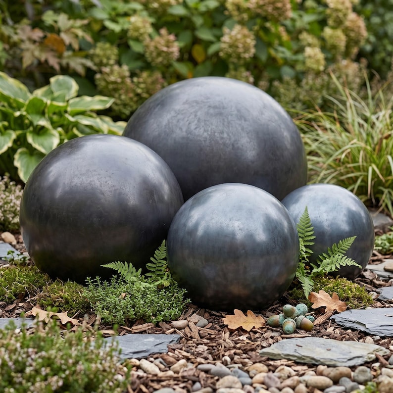 May include: Four dark gray, spherical garden ornaments of varying sizes are arranged in a garden setting. The spheres have a smooth, metallic appearance and are surrounded by greenery, moss, and fallen leaves, creating a natural, outdoor aesthetic.