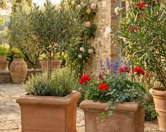 Pot de fleurs carré en terre cuite, résistant au gel | Pot de fleurs d'extérieur | Pot carré italien en argile | Cubo Liscio & Rosone