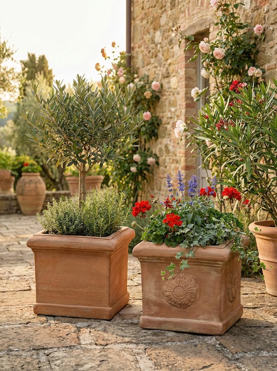 Square Terracotta Planter, Frost-Resistant | Outdoor Flower Pot | Italian  Square Clay Pot | Cubo Liscio & Rosone