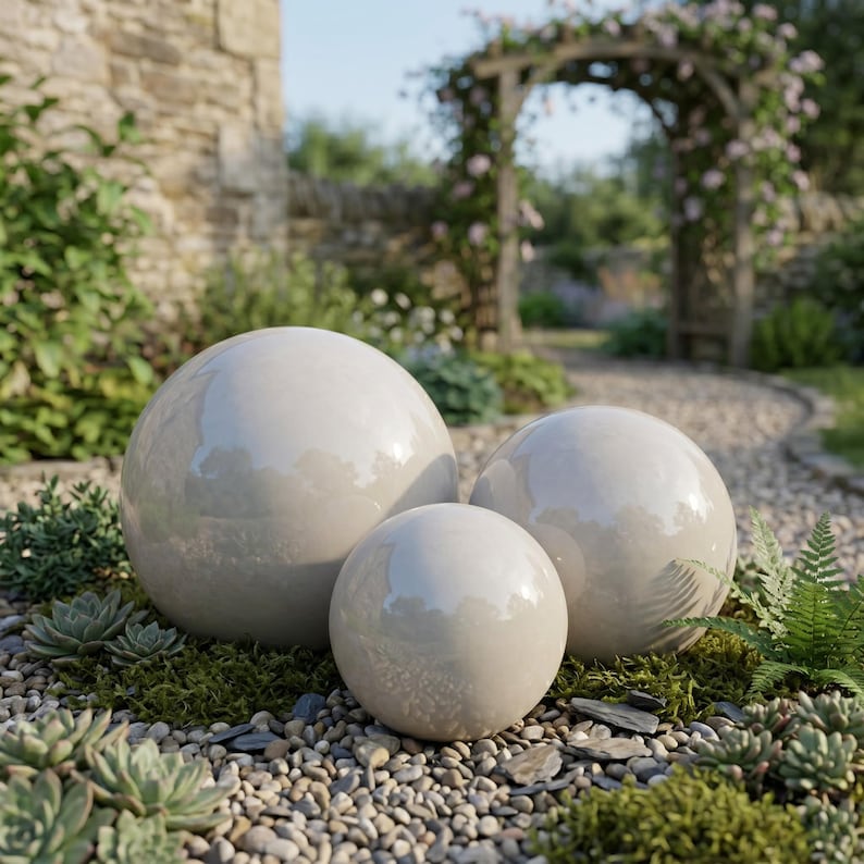 May include: Three glossy, light gray ceramic spheres of varying sizes are arranged outdoors. The spheres sit on a bed of small pebbles, moss, and greenery. The background includes a stone wall, a garden arch, and a winding path.
