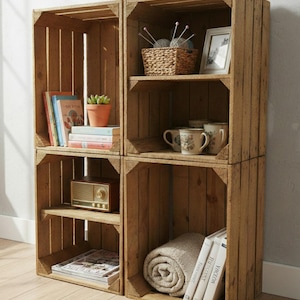 Cajas de madera con estante 50x40x30cm – Cajas de fruta usadas para estanterías y decoración – Inserto de estante flameado – Variaciones del juego de cajas de vino vintage