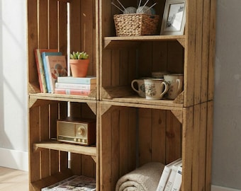 Wooden crates with shelf 50x40x30cm – Used fruit crates for shelving & decoration – Flamed shelf insert – Vintage wine crate set variations
