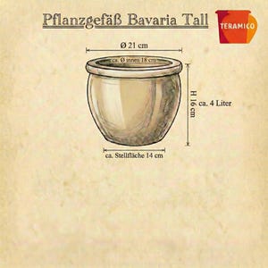 May include: A beige ceramic planter with the text "Pflanzgef&auml;&szlig; Bavaria Tall". The planter is 8.3 inches in diameter, 7.1 inches inside diameter, 6.3 inches at the base, and 6.3 inches tall, with a capacity of approximately 4 liters.