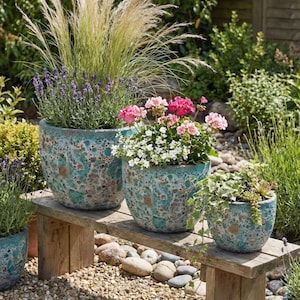 Può includere: Una panchina di legno ospita tre fioriere decorative in ceramica maculata turchese e marrone piene di varie piante. Le fioriere contengono lavanda, fiori rosa e bianchi e verde. La panchina poggia su un letto di piccole pietre.