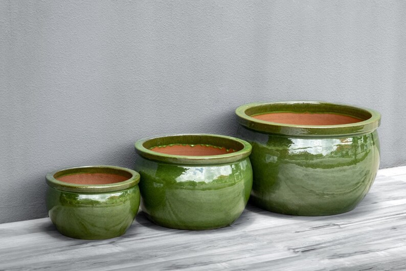 Vaso da fiori Teramico ciotola per piante in ceramica smaltata nei colori blu reale / verde oliva artigianato di alta qualità, assolutamente resistente al gelo immagine 6