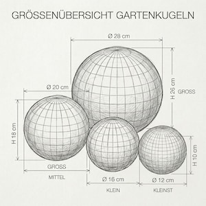 May include: A sketch showing the size comparison of four garden spheres. The largest sphere has a diameter of 11 inches and a height of 10 inches. The smallest sphere has a diameter of 4.7 inches and a height of 3.9 inches. The text "GR&Ouml;SSEN&Uuml;BERSICHT GARTENKUGELN" is at the top.