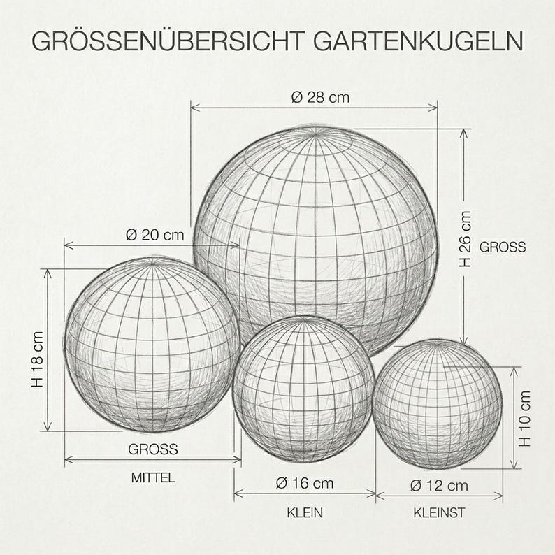 May include: A sketch showing the size comparison of four garden spheres. The largest sphere has a diameter of 11 inches and a height of 10 inches. The smallest sphere has a diameter of 4.7 inches and a height of 3.9 inches. The text "GR&Ouml;SSEN&Uuml;BERSICHT GARTENKUGELN" is at the top.