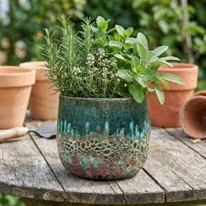 May include: A ceramic teal and brown glazed planter filled with fresh herbs, including rosemary, thyme, and mint. The planter sits on a weathered wooden table, with terracotta pots in the background. A gardening trowel is visible.