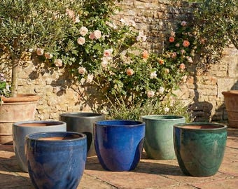 Fioriera in ceramica, resistente al gelo – Grande vaso rotondo per fiori da esterno con foro di drenaggio – Fioriera da giardino resistente alle intemperie, vaso a forma di uovo, molti colori