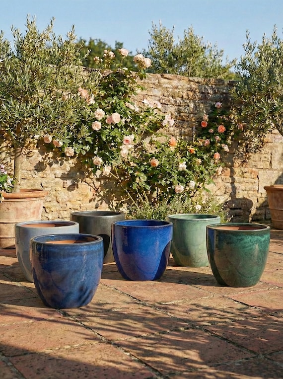 Pflanzkübel Keramik Winterhart Frostfest – Großer Blumentopf Draußen Rund mit Ablaufloch – Wetterfester Garten Übertopf Eggpot Viele Farben