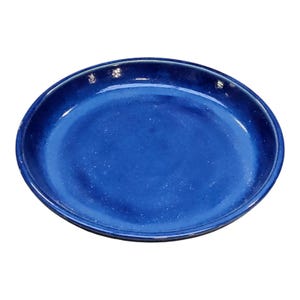 Op de afbeelding: Een ronde, kobaltblauwe keramische schaal met een glanzende afwerking. De schaal heeft een licht verhoogde rand en een gespikkelde textuur. Geschikt voor het serveren van voedsel of als decoratief item. Diameter ongeveer 25 cm.