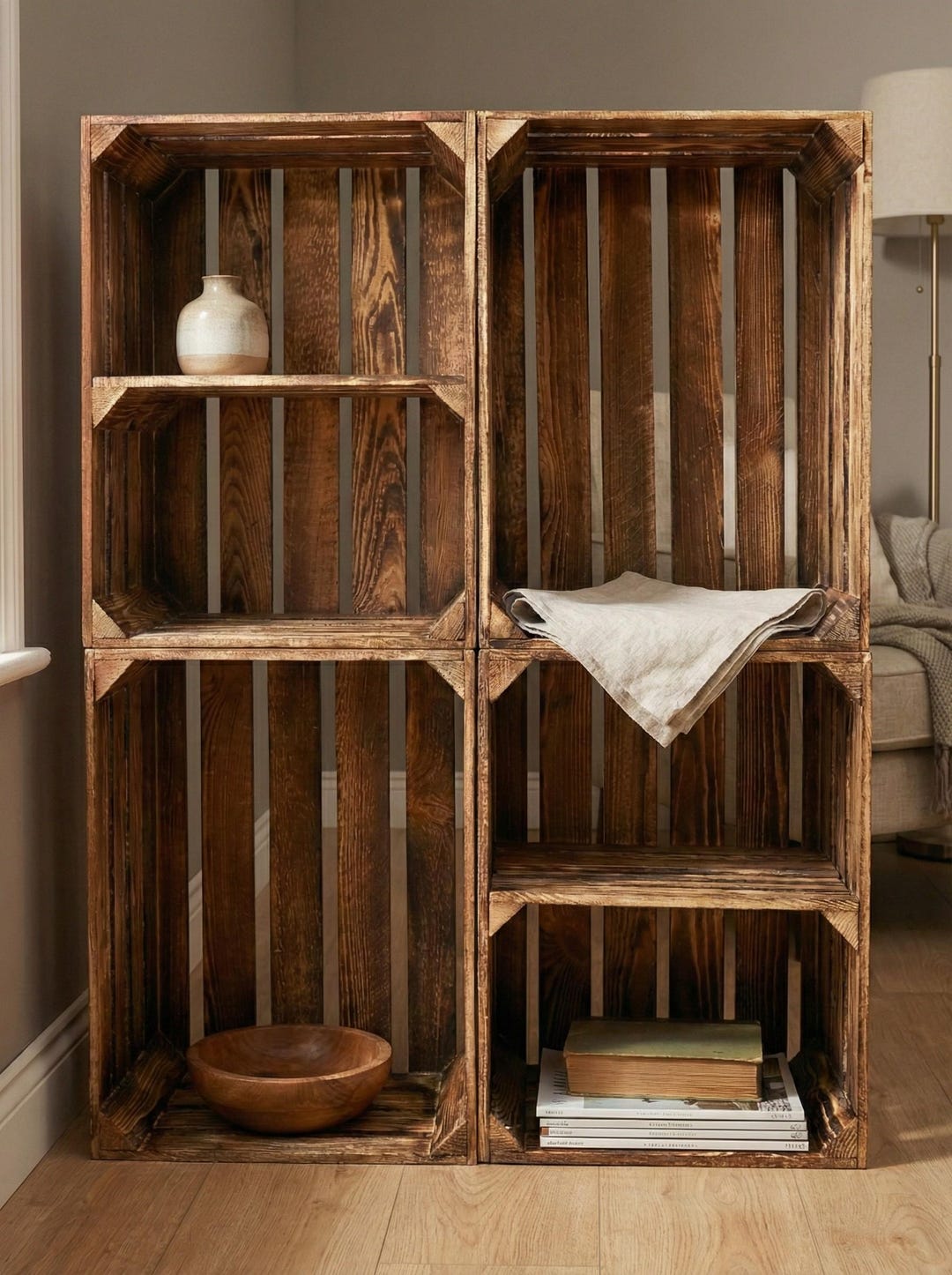 Wood Crate Rack Flamed Wooden Crates, Fruit Crates With Intermediate Shelf, 50x40x30 Cm ...
