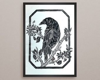 LIMITED! «The raven» || A3 bird and flower linocut printed by hand only 20 available