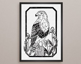 LIMITÉ! «Iris Butéo» || Linogravure A4 oiseau faucon et fleur d'iris imprimée à la main seulement 20 réalisées