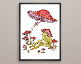 Mushroom froggy || cute frog art print A5 or A4