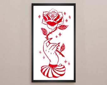 LIMITED! «Wandering eye» || Handprinted A4 traditinal tattoo inspired linoprint