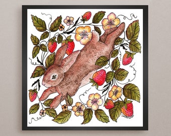 Strawberry bunny || botanical rabbit watercolor art print