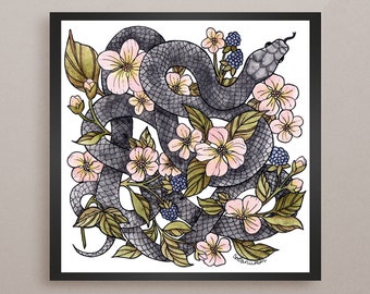 Botanical snake || Watercolor blossom flower and reptile art print