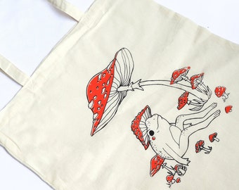 Mushroom froggy tote |100% cotton totebag screenprinted by hand