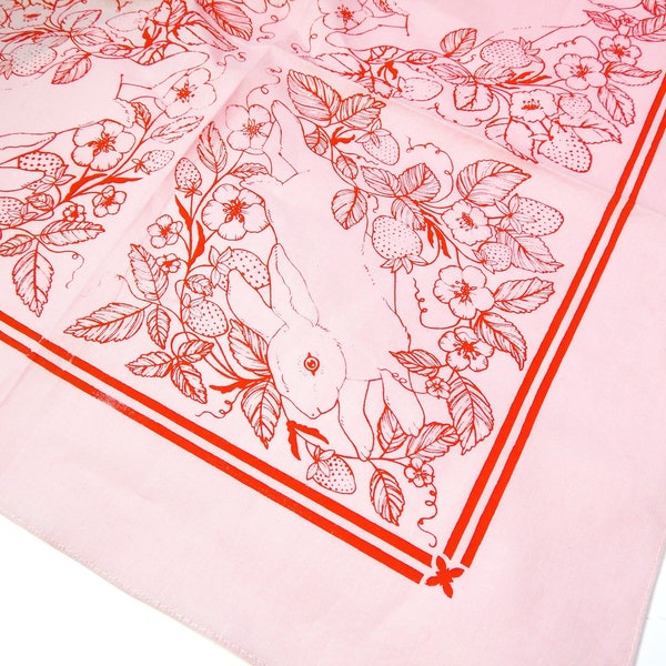 Bandana Strawberry Bunny | 100% cotton -screen printed -Botanical Flower Hair Scarf -Tarot Altar Cloth -Boho Tapestry -pet bandana