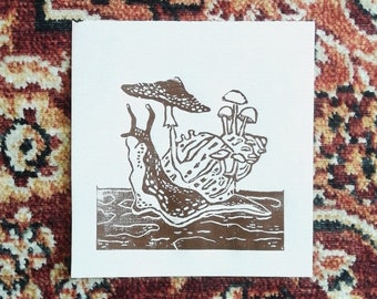 Linoprint «Hermit» || Handprinted limited edition snail with mushrooms linocut