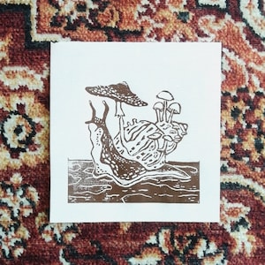 Linoprint «Hermit» || Handprinted limited edition snail with mushrooms linocut