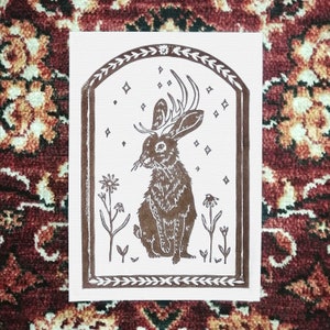 PREORDER! Linoprint «The jackalope» || A5 mythical creature tapestry inspired linocut printed by hand