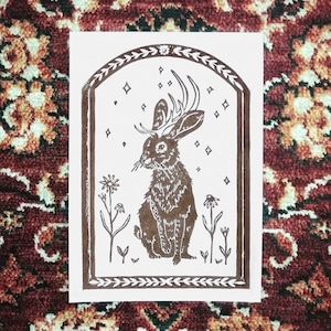 PREORDER! Linoprint «The jackalope» || A5 mythical creature tapestry inspired linocut printed by hand