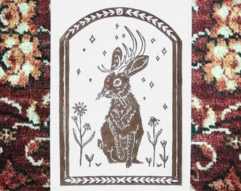 Linoprint «The jackalope» || A5 mythical creature tapestry inspired linocut printed by hand