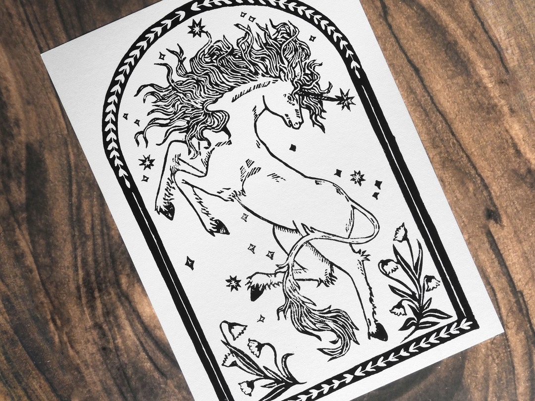 Linoprint ??the Unicorn?? || A4 Mythical Creature Tapestry Inspired ...