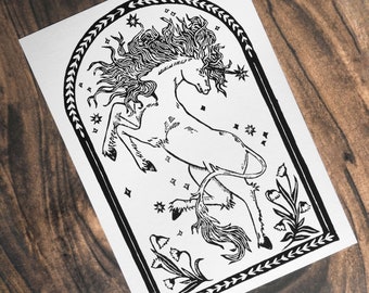 Linoprint «The unicorn» || A4 mythical creature tapestry inspired linocut printed by hand