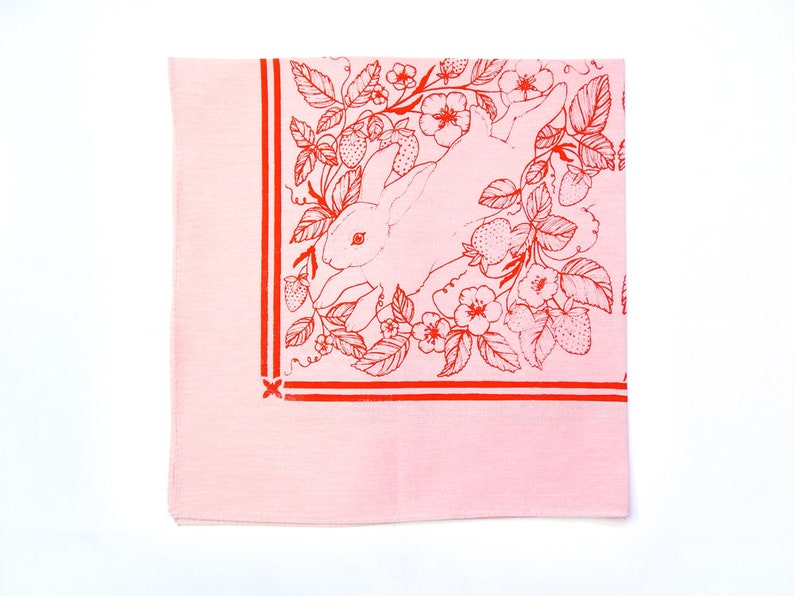 Bandana Strawberry Bunny 100% cotton screen printed Botanical Flower Hair Scarf Tarot Altar Cloth Boho Tapestry pet bandana PINK PREORDER