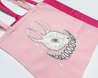 Bunny tote | 100% cotton screenprinted pink rabbit totebag