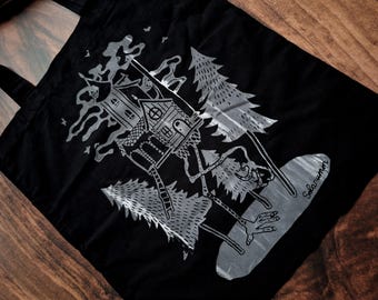 Baba yaga | 100% cotton screenprinted black witch themed tote bag