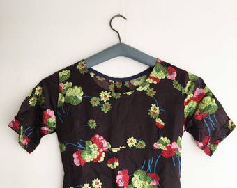 Handmade vintage retro maxi dress black with flowers size S