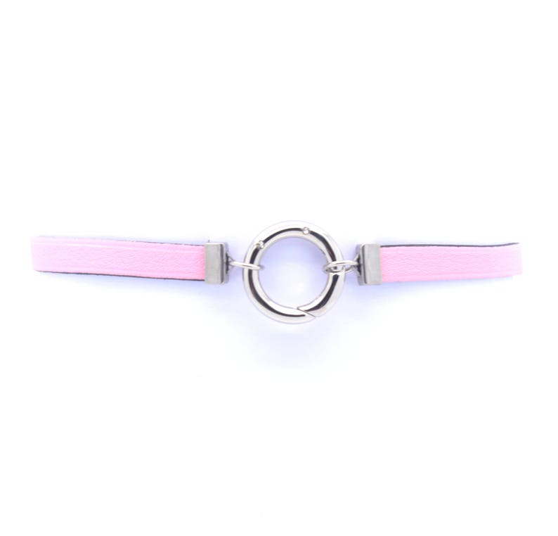 Pink leather choker necklace and stainless steel rhinestone musket ring Leather neck ras from vegetable tanning