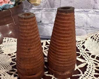 Antique Wood Bobbins Spindle Textile Spools S/2