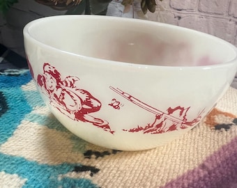 Set of 2 Davy Crockett Cereal Bowls White Milk Glass Red Fire King