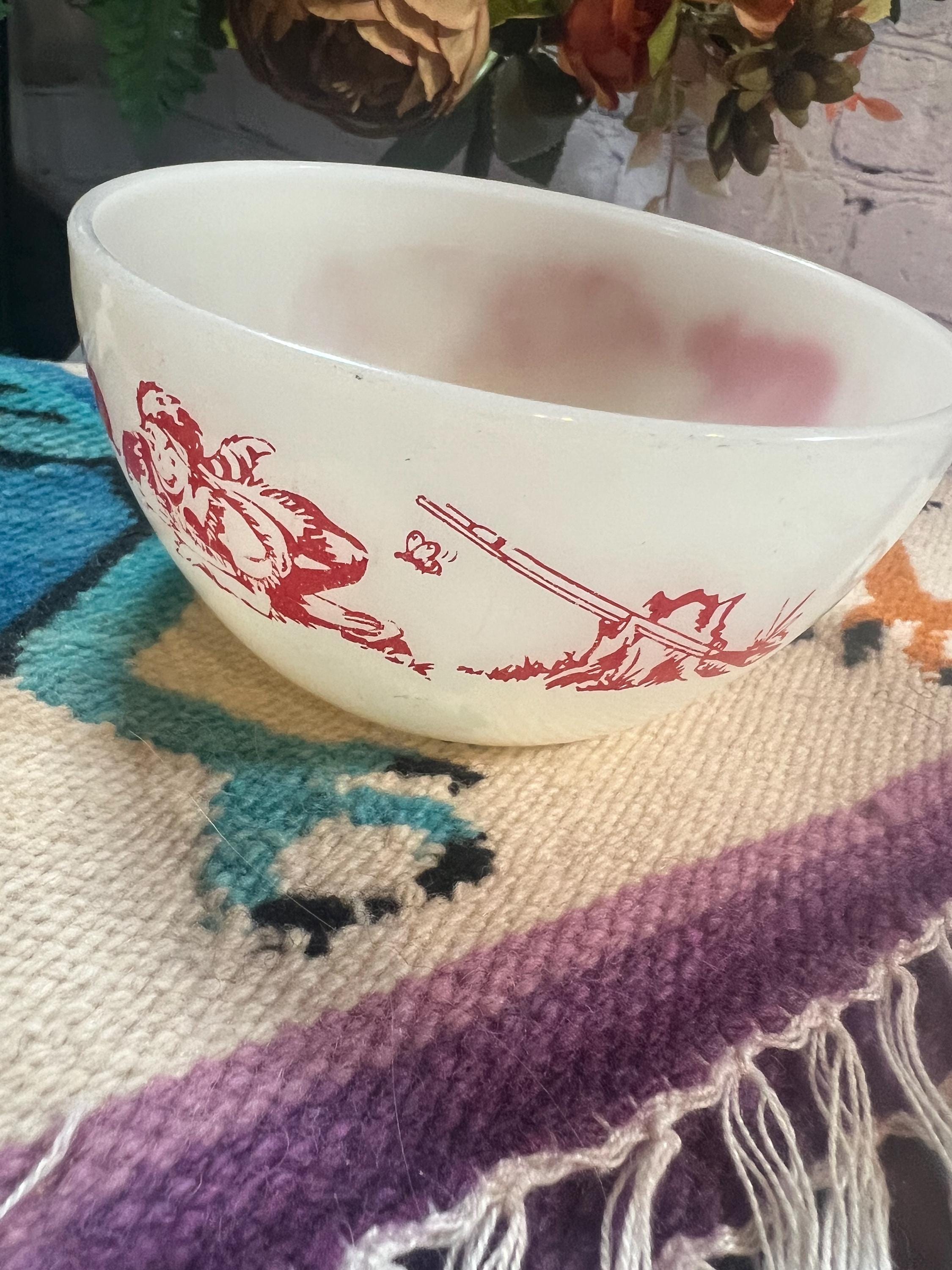 Set of 2 Davy Crockett Cereal Bowls White Milk Glass Red Fire King