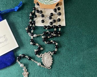 Praying Hands Rosaries-Black Colored Beads W/ Silver Metal Accents-Handmade