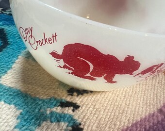 Set of 2 Davy Crockett Cereal Bowls White Milk Glass Red Fire King