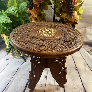 Vintage Small Wooden Floral Carved Folding Table