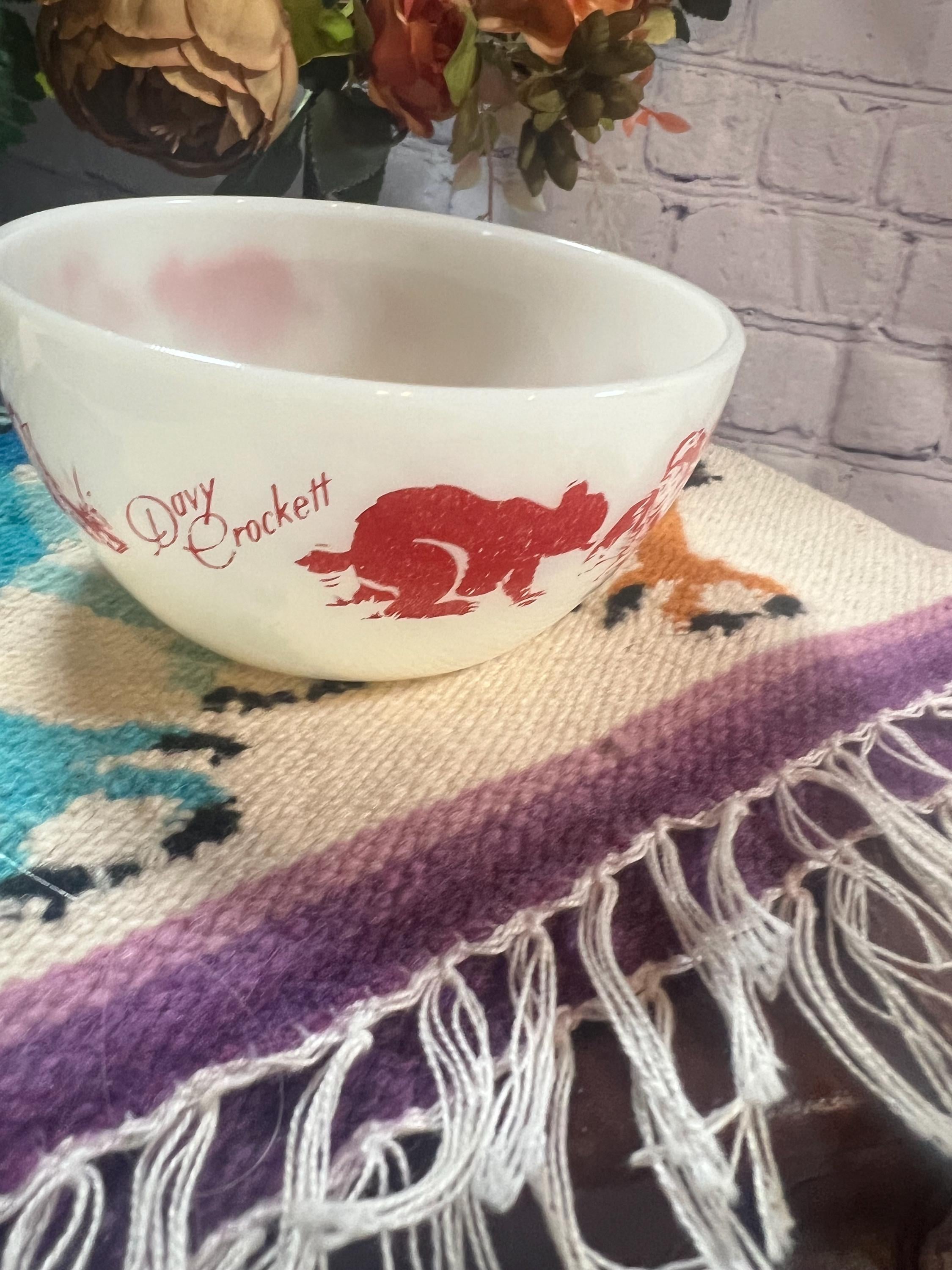 Set of 2 Davy Crockett Cereal Bowls White Milk Glass Red Fire King