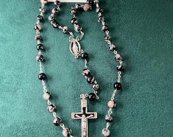 Praying Hands Rosaries-Black-Gray Swirl Colored Beads W/ Silver  Metal Accents-Handmade