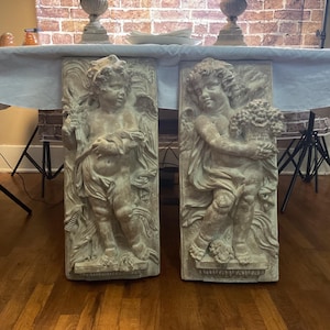 Pair of Cherub Wall Plaques - Classical Putti Relief Panels - Baroque Style