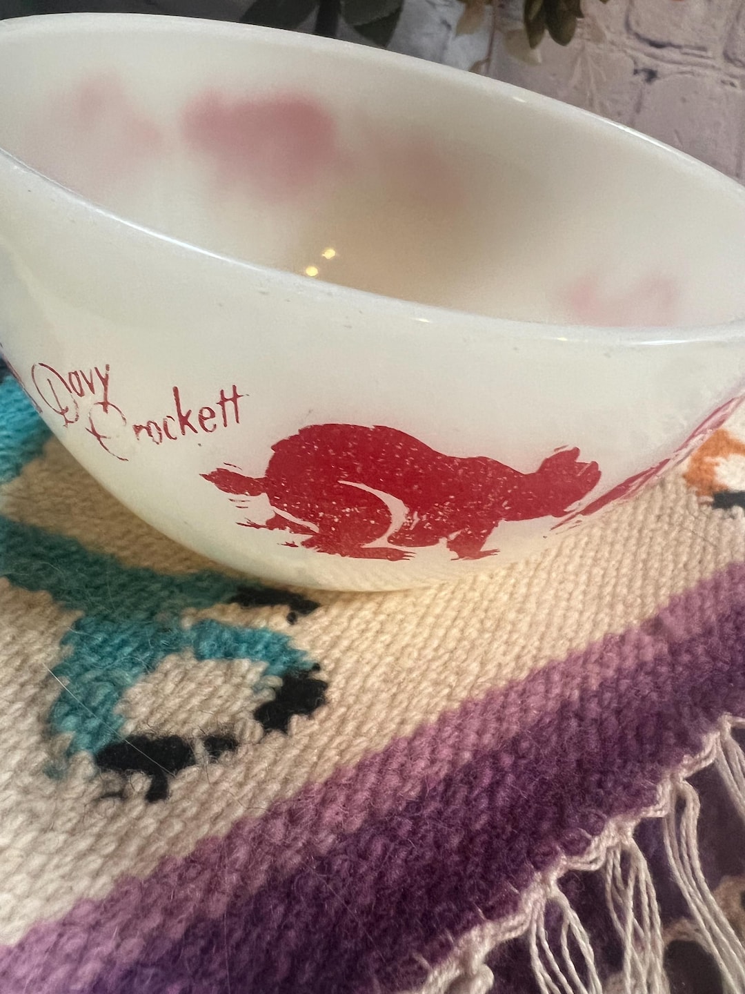 Set of 2 Davy Crockett Cereal Bowls White Milk Glass Red Fire King