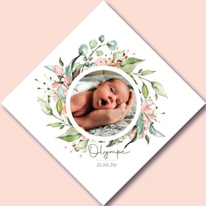 Faire-part bébé fille modèle "Couronne de fleurs" en aquarelle fleur feuilles champêtre avec photographie